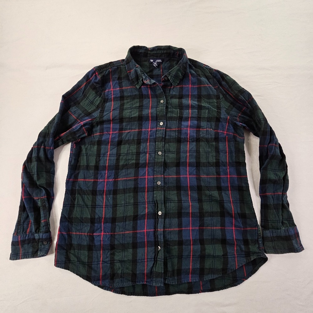 Gap Green Plaid Cotton Flannel Boyfriend Fit Button-Up Shirt Women's L